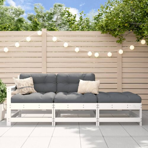 3-Piece Garden Lounge Set with Cushions White Solid Wood - Image 2