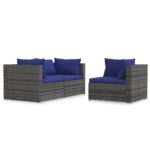 3-Piece Garden Lounge Set with Cushions Grey Poly Rattan
