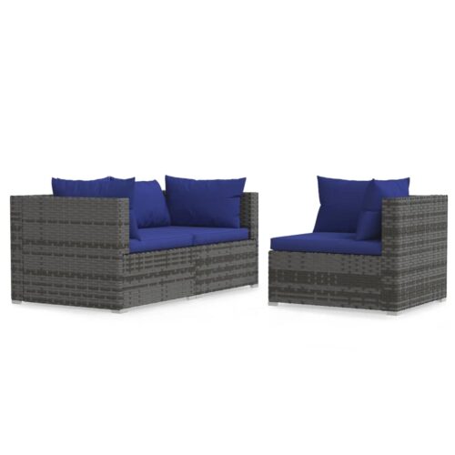 3-Piece Garden Lounge Set with Cushions Grey Poly Rattan