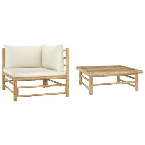 2-Piece Garden Lounge Set with Cream White Cushions Bamboo