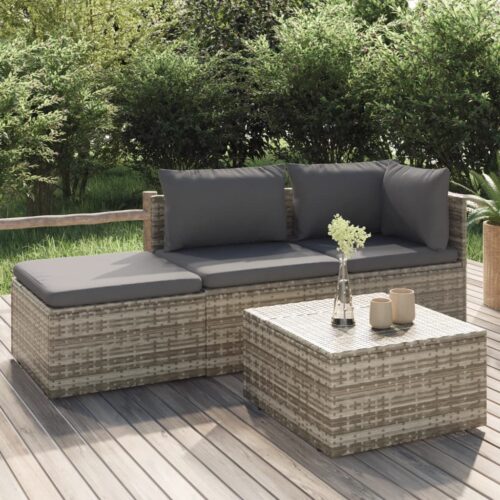 4-Piece Garden Lounge Set with Cushions Grey Poly Rattan - Image 2