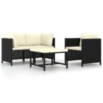 4-Piece Garden Sofa Set with Cushions Black Poly Rattan