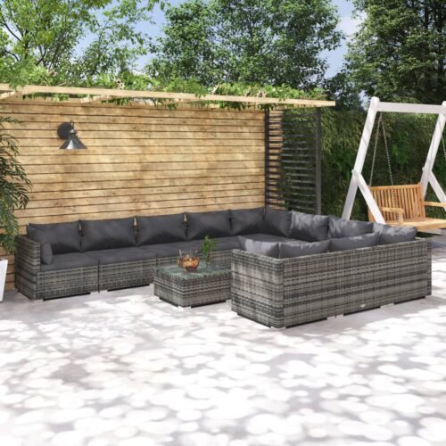 11-Piece Garden Lounge Set with Cushions Poly Rattan Wicker Outdoor Patio Furniture Grey - Image 2