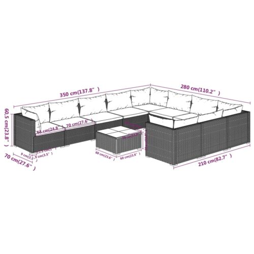 11-Piece Garden Lounge Set with Cushions Poly Rattan Wicker Outdoor Patio Furniture Grey - Image 9