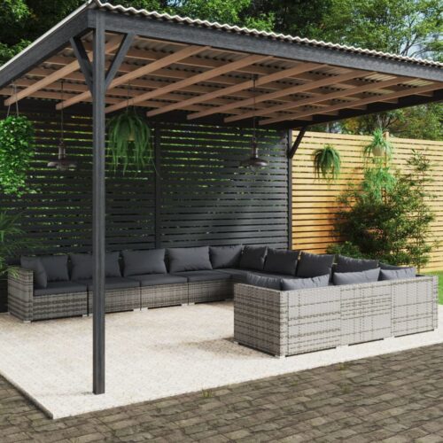 11-Piece Garden Lounge Set with Cushions Poly Rattan Wicker Outdoor Patio Furniture Grey - Image 2