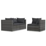 3-Piece Garden Lounge Set with Cushions Grey Poly Rattan