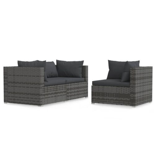 3-Piece Garden Lounge Set with Cushions Grey Poly Rattan