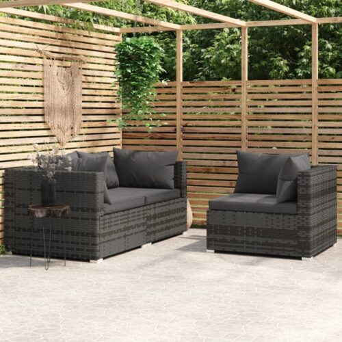 3-Piece Garden Lounge Set with Cushions Grey Poly Rattan - Image 2
