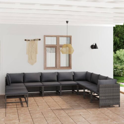 11-Piece Garden Lounge Set with Cushions Poly Rattan Wicker Outdoor Patio Furniture Grey - Image 2