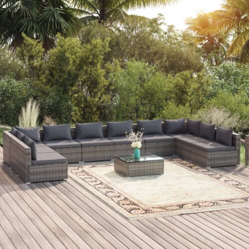 11-Piece Garden Lounge Set with Cushions Poly Rattan Wicker Outdoor Patio Furniture Grey - Image 2