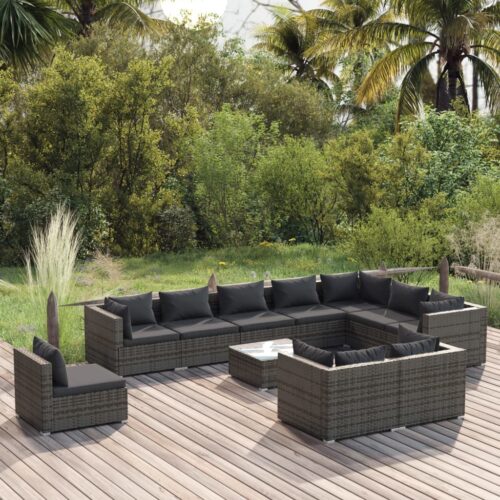 11-Piece Garden Lounge Set with Cushions Poly Rattan Wicker Outdoor Patio Furniture Grey - Image 2