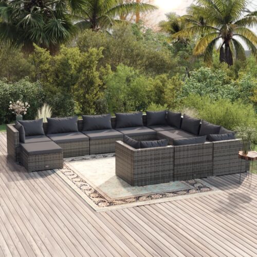 11-Piece Garden Lounge Set with Cushions Poly Rattan Wicker Outdoor Patio Furniture Grey - Image 2