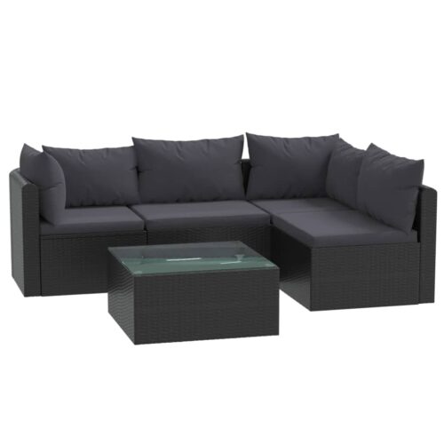 5-Piece Garden Lounge Set with Cushions Poly Rattan Black
