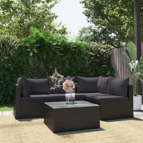 5-Piece Garden Lounge Set with Cushions Poly Rattan Black - Image 2