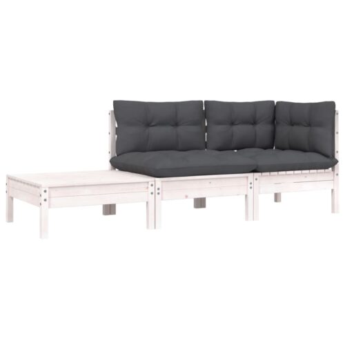 3-Piece Garden Lounge Set with Cushions White Solid Pinewood