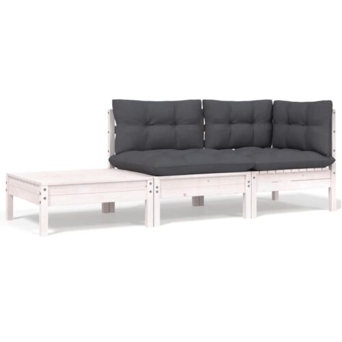 3-Piece Garden Lounge Set with Cushions White Solid Pinewood - Image 2