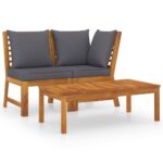 3-Piece Garden Lounge Set with Dark Grey Cushion Solid Acacia Wood