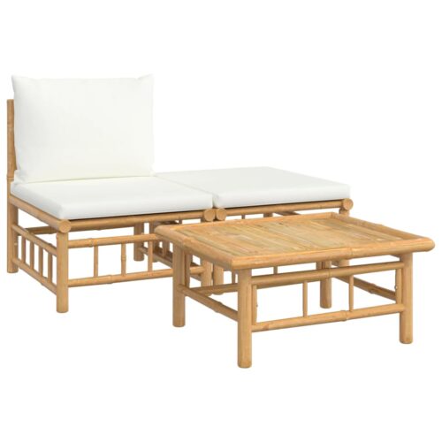 3-Piece Garden Lounge Set with Cream White Cushions Bamboo