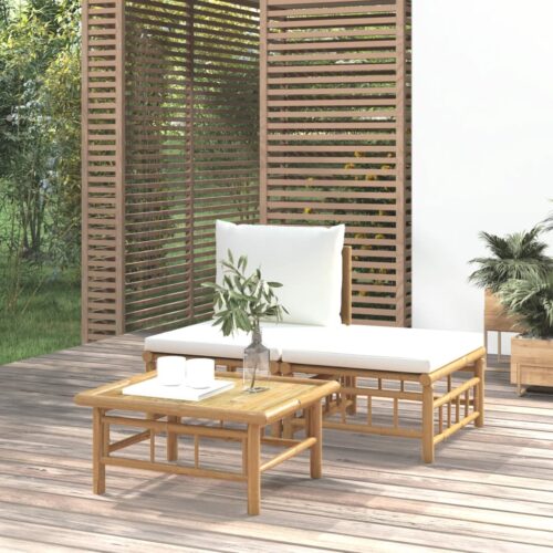 3-Piece Garden Lounge Set with Cream White Cushions Bamboo - Image 2