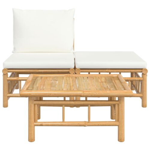 3-Piece Garden Lounge Set with Cream White Cushions Bamboo - Image 3
