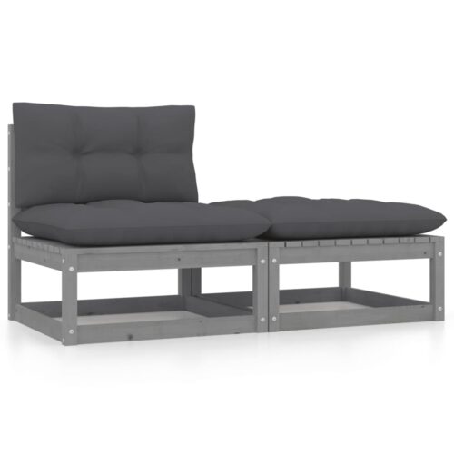 2-Piece Garden Lounge Set with Cushions Grey Solid Pinewood