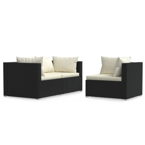 3-Piece Garden Lounge Set with Cushions Black Poly Rattan