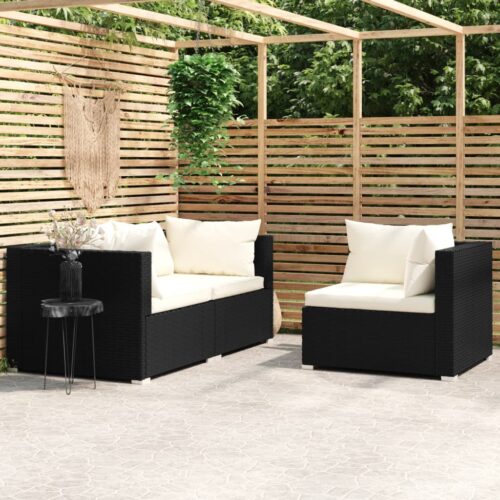 3-Piece Garden Lounge Set with Cushions Black Poly Rattan - Image 2
