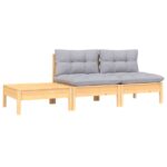 3-Piece Garden Lounge Set with Grey Cushions Solid Pinewood