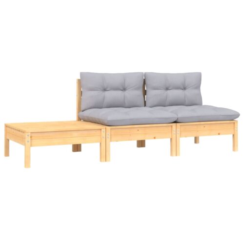 3-Piece Garden Lounge Set with Grey Cushions Solid Pinewood
