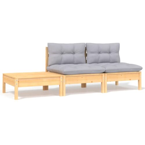 3-Piece Garden Lounge Set with Grey Cushions Solid Pinewood - Image 2