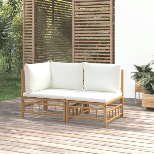 2-Piece Garden Lounge Set with Cream White Cushions Bamboo - Image 2
