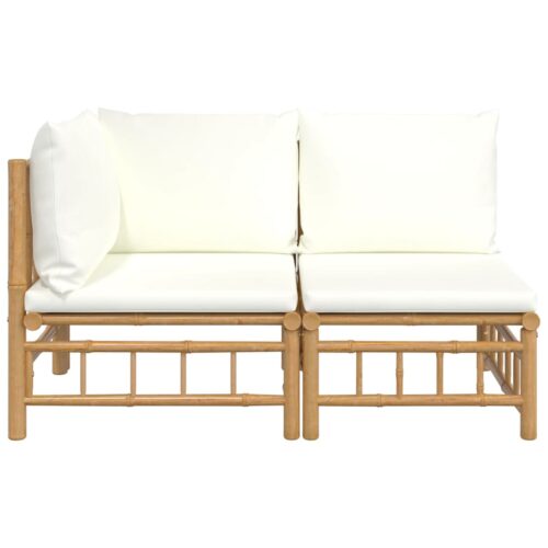 2-Piece Garden Lounge Set with Cream White Cushions Bamboo - Image 3