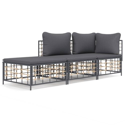 3-Piece Garden Lounge Set with Cushions Anthracite Poly Rattan