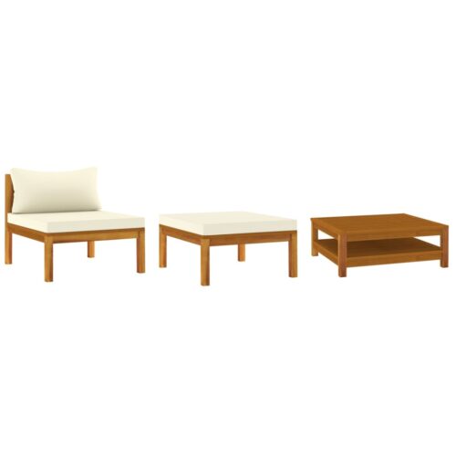 3-Piece Garden Lounge Set with Cream White Cushions Acacia Wood