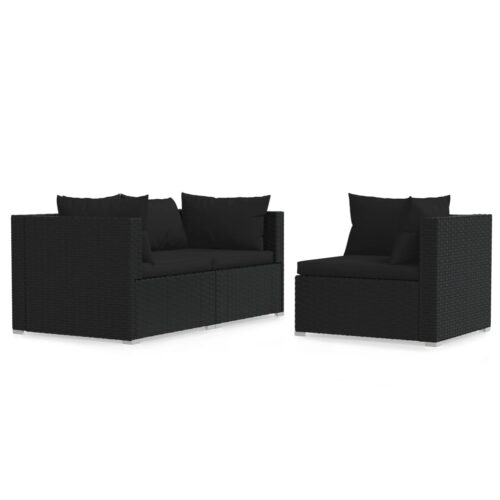 3-Piece Garden Lounge Set with Cushions Black Poly Rattan