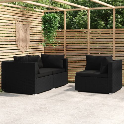 3-Piece Garden Lounge Set with Cushions Black Poly Rattan - Image 2