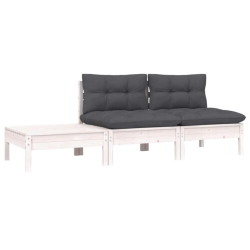 3-Piece Garden Lounge Set with Cushions White Solid Pinewood