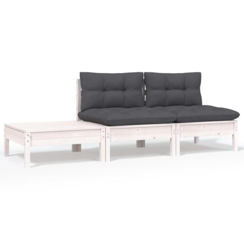 3-Piece Garden Lounge Set with Cushions White Solid Pinewood - Image 2