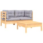 3-Piece Garden Lounge Set with Grey Cushions Solid Pinewood