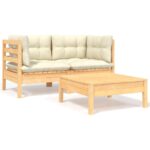 3-Piece Garden Lounge Set with Cream Cushions Solid Pinewood
