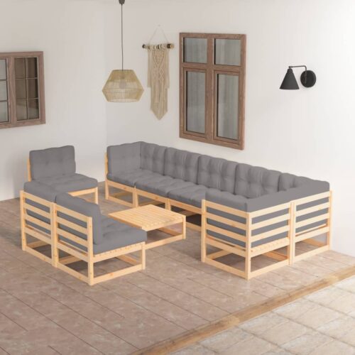 10-Piece Garden Lounge Set with Cushions Pine Wood Outdoor Patio Furniture - Image 2