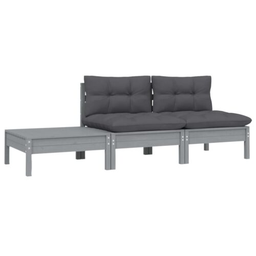 3-Piece Garden Lounge Set with Cushions Grey Solid Pinewood