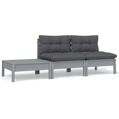 3-Piece Garden Lounge Set with Cushions Grey Solid Pinewood - Image 2