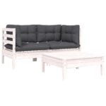 3-Piece Garden Lounge Set with Cushions White Solid Pinewood