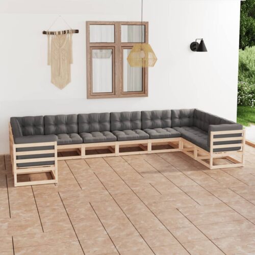 10-Piece Garden Lounge Set with Cushions Pine Wood Outdoor Patio Furniture - Image 2