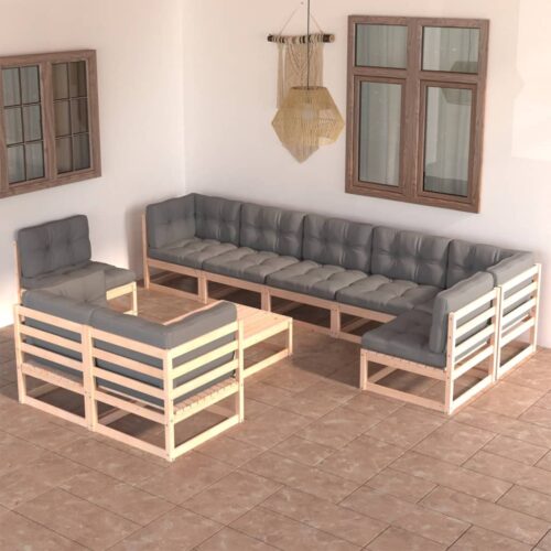 10-Piece Garden Lounge Set with Cushions Pine Wood Outdoor Patio Furniture - Image 2
