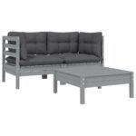 3-Piece Garden Lounge Set with Cushions Grey Solid Pinewood