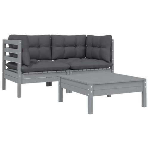 3-Piece Garden Lounge Set with Cushions Grey Solid Pinewood