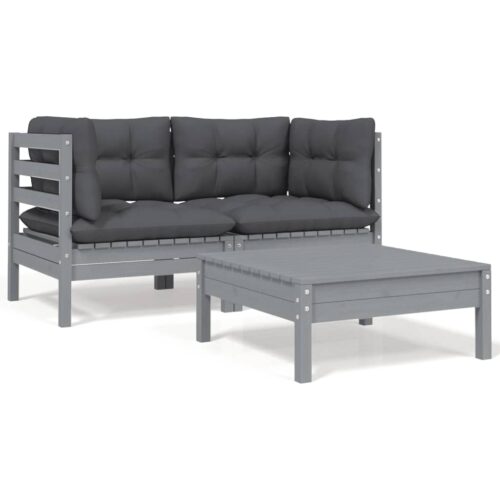 3-Piece Garden Lounge Set with Cushions Grey Solid Pinewood - Image 2