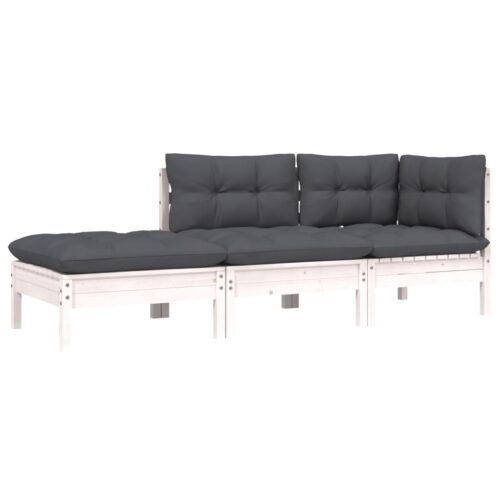 3-Piece Garden Lounge Set with Cushions White Solid Pinewood